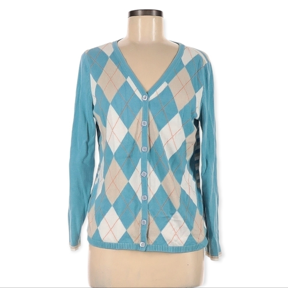 Christopher & Banks 100% Cotton Argyle Cardigan Sweater Size Medium